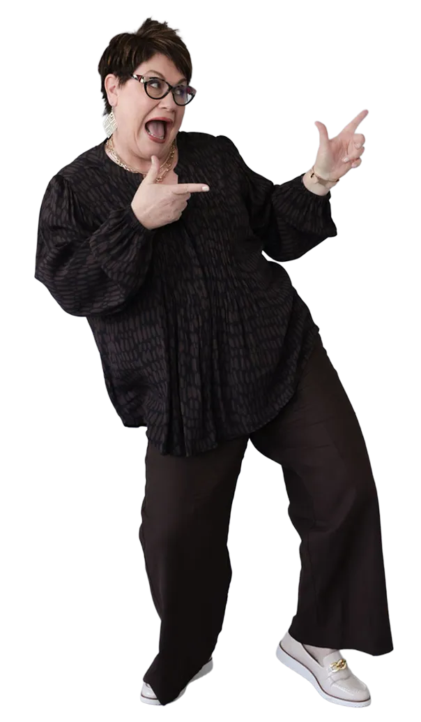 Kerri Price smiling, gesturing energetically.